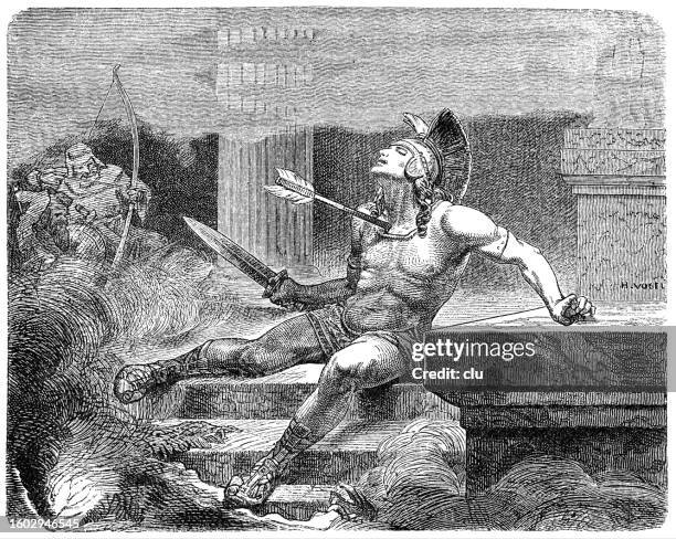 death of alcibiades, fatally hit by an arrow - graphic print stock illustrations