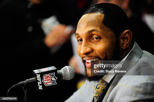 Ray Lewis, linebacker for the Baltimore Ravens speaks to the media during a media availability session for Super Bowl XLVII at the Hilton New Orleans...