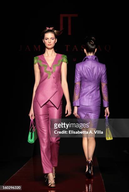 Models walk the runway during Jamal Taslaq S/S 2013 Haute Couture colletion fashion show as part of AltaRoma AltaModa Fashion Week at Santo Spirito...