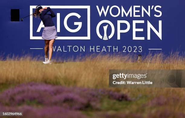 Gabby Lopez of Mexico tees off on the first hole as during the pro am ahead of the AIG Women's Open at Walton Heath Golf Club on August 09, 2023 in...