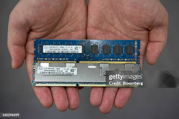 Hynix Inc. Double Data Rate Synchronous Dynamic Random Access Memory Dual In-Line Memory Modules memory chips are arranged for a photograph at the...