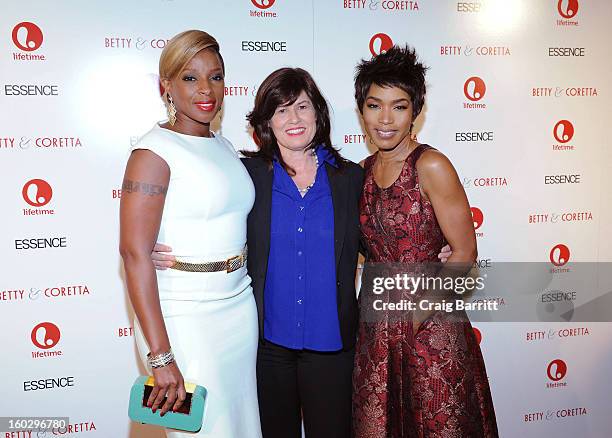 Mary J. Blige, Lifetime SVP Original Movies Tanya Lopez and Angela Bassett attend the premiere of "Betty & Coretta" to celebrate with Lifetime and...