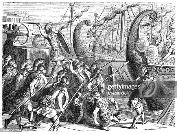 brasidas defends methone - greek warship stock illustrations