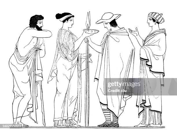 stockillustraties, clipart, cartoons en iconen met costumes from athens, two men, two women - cannes