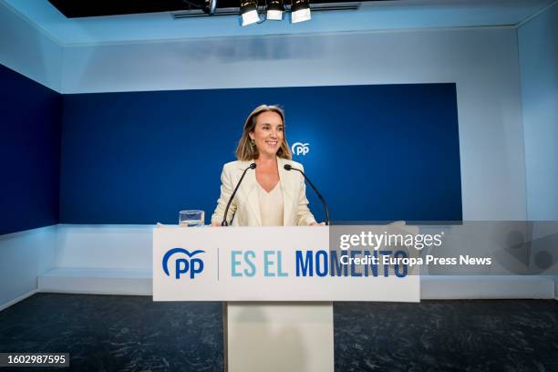 The secretary general of the Partido Popular, Cuca Gamarra, appears at a press conference after the meeting of the Steering Committee of the Partido...