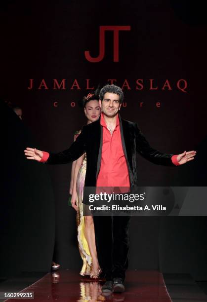 Designer Jamal Taslaq walks the runway during Jamal Taslaq S/S 2013 Haute Couture colletion fashion show as part of AltaRoma AltaModa Fashion Week at...