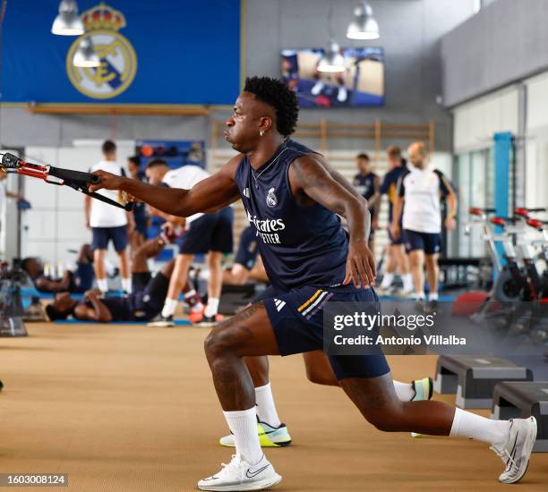 Vini Jr., of Real Madrid, during a training session with his teammates at Valdebebas training ground on August 09, 2023 in Madrid, Spain.