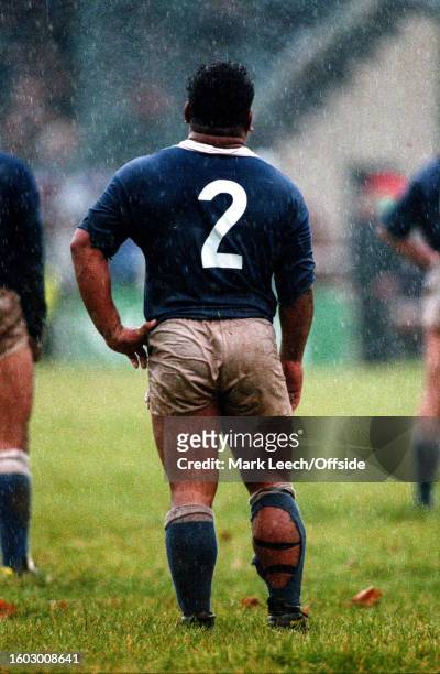 October 1991 Pontypool - Rugby World Cup - Australia v Western Samoa - Stan Toomalatai of Western Samoa stands in muddy shorts and ripped socks.