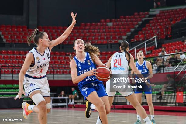 Francesca Baldassare of Italy in action against Milica Dragicevic of Serbia during the FIBA U16 Women's European Championship match between Serbia...