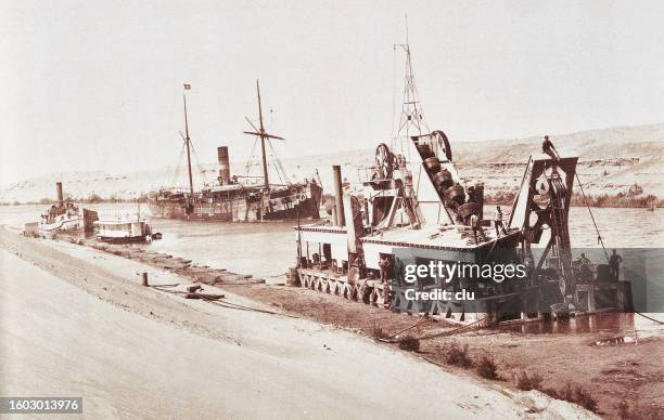 egypt, suez canal, dredger 16 on the loop of toussaun, 1880 - canal do suez stock illustrations