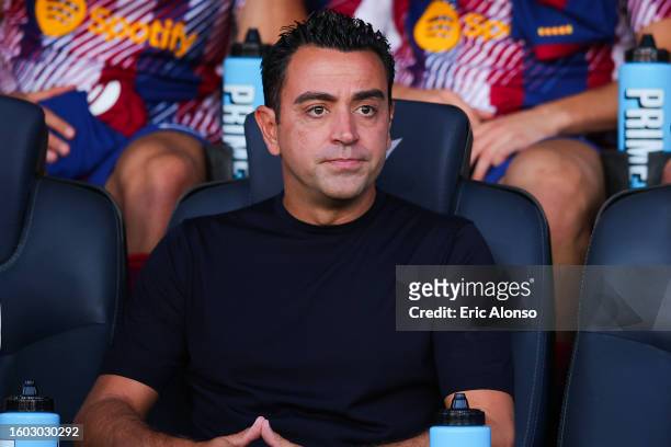 Xavi Hernandez, head coach of FC Barcelona looks on prior to the Joan Gamper Trophy match between FC Barcelona and Tottenham Hotspur at Estadi...