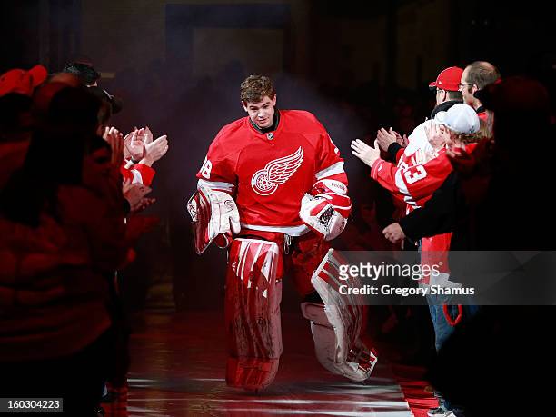 Thomas McCollum of the Detroit Red Wings is introduced prior to playing the Dallas Stars at Joe Louis Arena on January 22, 2013 in Detroit, Michigan.