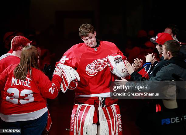 Thomas McCollum of the Detroit Red Wings is introduced prior to playing the Dallas Stars at Joe Louis Arena on January 22, 2013 in Detroit, Michigan.