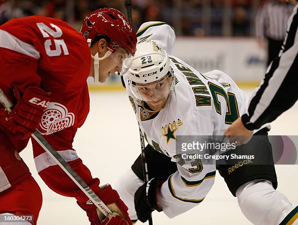 Cory Emmerton of the Detroit Red Wings faces off against Tom Wandell of the Dallas Stars at Joe Louis Arena on January 22, 2013 in Detroit, Michigan.