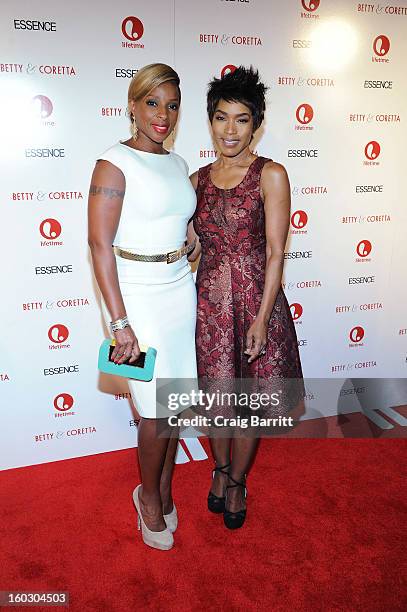 Actresses Mary J. Blige and Angela Bassett attend the premiere of "Betty & Coretta" to celebrate with Lifetime and cast at Tribeca Cinemas on January...