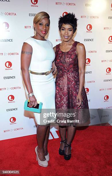Actresses Mary J. Blige and Angela Bassett attend the premiere of "Betty & Coretta" to celebrate with Lifetime and cast at Tribeca Cinemas on January...