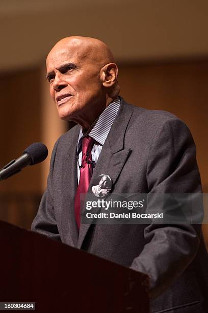 Harry Belafonte delivers the Martin Luther King Jr. Day keynote address at Northwestern University on January 28, 2013 in Evanston, Illinois.