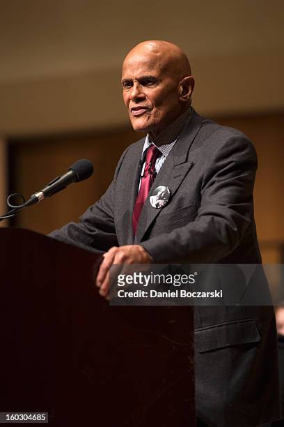 Harry Belafonte delivers the Martin Luther King Jr. Day keynote address at Northwestern University on January 28, 2013 in Evanston, Illinois.
