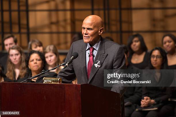 Harry Belafonte delivers the Martin Luther King Jr. Day keynote address at Northwestern University on January 28, 2013 in Evanston, Illinois.