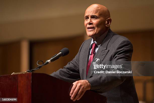 Harry Belafonte delivers the Martin Luther King Jr. Day keynote address at Northwestern University on January 28, 2013 in Evanston, Illinois.