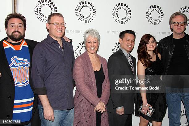 Kevin Smith, Bob Goodman, Andrea Romano, Jay Oliva, Ariel Winter and Bruce Timm attend The Paley Center for Media and Warner Bros. Home Entertainment...