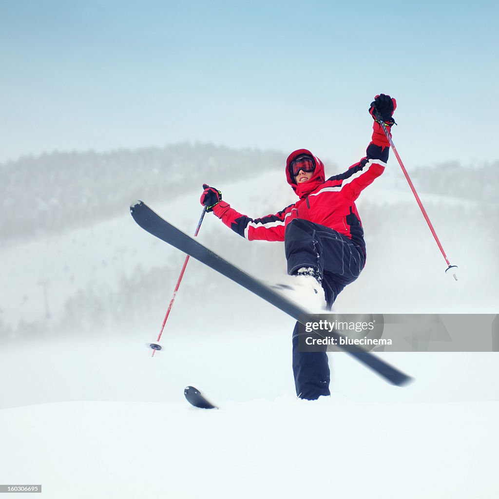 Skifahrer Nahaufnahme in Aktion