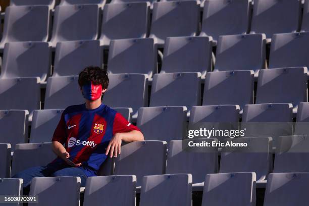 Supporter is seen prior the Joan Gamper Trophy match between FC Barcelona and Tottenham Hotspur at Estadi Olimpic Lluis Companys on August 08, 2023...