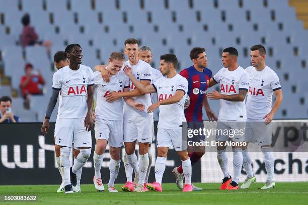 Oliver Skipp of Tottenham Hotspur celebrates after scoring the team's first goal during the Joan Gamper Trophy match between FC Barcelona and...