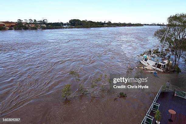 The Burnett River rises as parts of southern Queensland experiences record flooding in the wake of Tropical Cyclone Oswald on January 29, 2013 in...