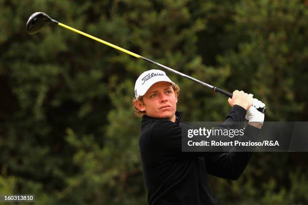 Cameron Smith of Australia tees off on the 16th hole during the Open International Final Qualifying Australasia day one at Kingston Heath Golf Club...