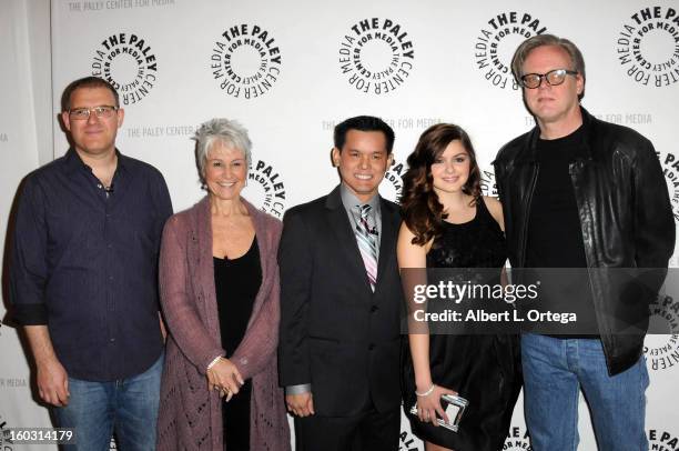Writer Bob Goodman, casting director Andrea Romano, director Jay Oliva, actress Ariel Winter and producer Bruce Timm arrive for The Paley Center for...