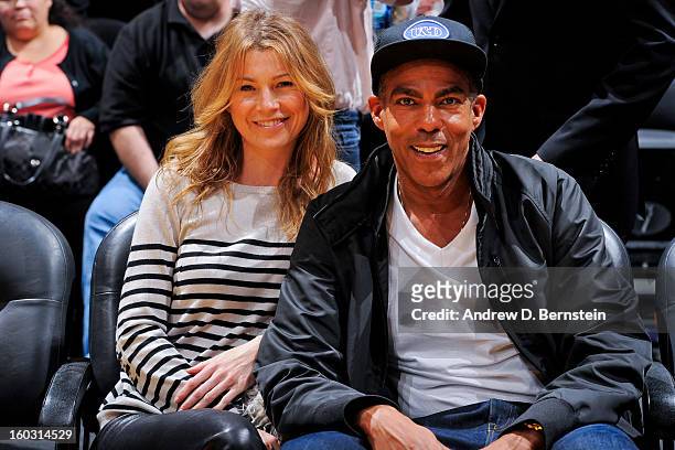 Actress Ellen Pompeo, left, and her husband Chris Ivery attend a game between the Oklahoma City Thunder and Los Angeles Lakers at Staples Center on...