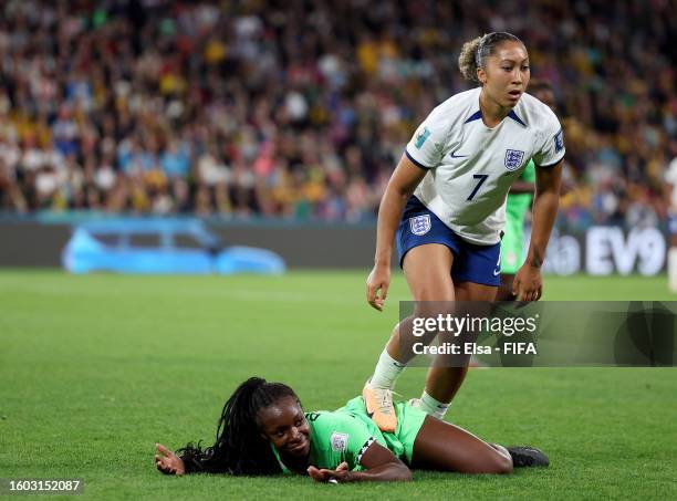 Lauren James of England stamps on Michelle Alozie of Nigeria which later leads to a red card being shown following a Video Assistant Referee review...