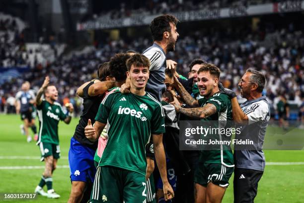 Georgios VAGIANNIDIS of Panathinaikos celebrates the victory after the penalty shoot-out after the UEFA Champions League match between Marseille and...