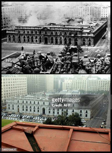 This combo shows above an 11 September file photo with the Chilean Army troops firing on the La Moneda Palace in Santiago, during a cup led by Gen....