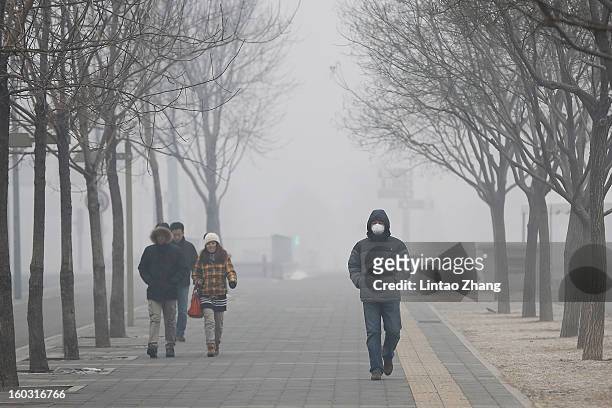 Beijing residents wearing masks walk through fog as severe pollution continues to affect the capital on January 29, 2013 in Beijing, China. China's...