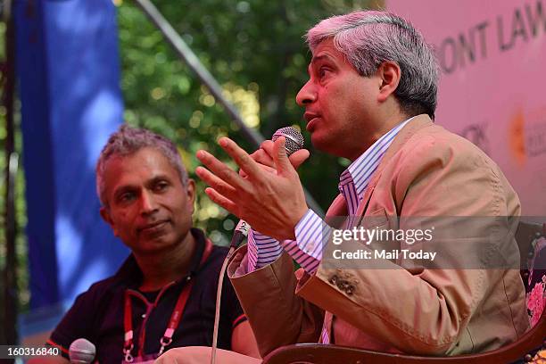 Vikas Swarup during a session at DSC Jaipur Literature Festival in Jaipur on Monday.