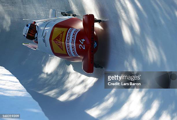Caroline Spahni and Ariane Walser of Switzerland compete during the Women's Bobsleigh heat 1 of the IBSF Bob & Skeleton World Championship at Olympia...