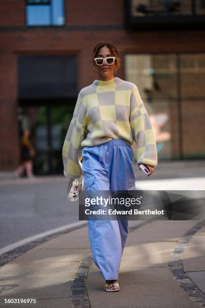 Guest wears white squared sunglasses, a pale yellow and pale gray checkered print pattern wool pullover, pale blue silk satin cargo wide legs pants,...
