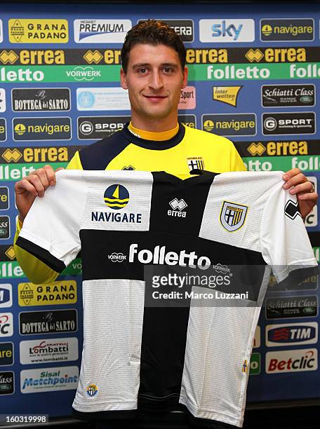 Andrea Coda is presented as the new signing to Parma FC during a press conference at the club's training ground on January 26, 2013 in Collecchio,...