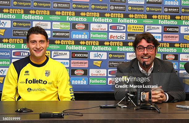 New signing Andrea Coda and General Manager of Parma Pietro Leonardi during a press conference at the club's training ground on January 26, 2013 in...