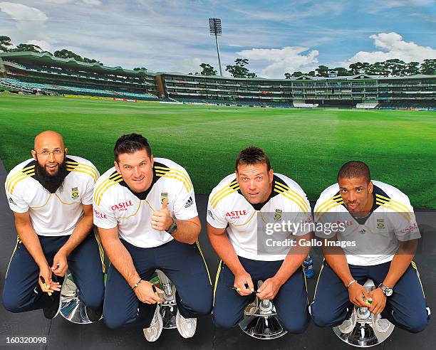 Hashim Amla, Graeme Smith, Jacques Kallis and Vernon Philander during a South Africa National cricket team signing session ahead of Graeme Smith's...