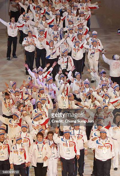 Athletes from Russia arrive during the Opening Ceremony of the 2013 Pyeongchang Special Olympics World Winter Games at the Yongpyeong stadium on...