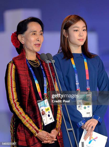 Pro-democracy leader Aung San Suu Kyi and honorary ambassador Yuna Kim attend the Opening Ceremony of the 2013 Pyeongchang Special Olympics World...