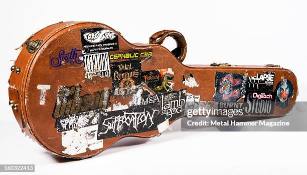 An old, leather guitar case covered in band stickers, photographed during a studio shoot for Metal Hammer Magazine/Future via Getty Images, July 9,...