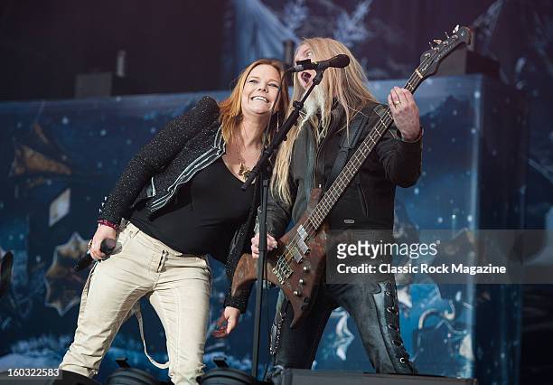 Anette Olzon and Marco Hietala of Finnish symphonic metal group Nightwish performing live on the Zippo Encore Stage at Download Festival on June 8,...