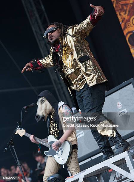 Benji Webbe and Mikey Demus of Welsh reggae metal group Skindred performing live on the Zippo Encore Stage at Download Festival on June 9, 2012.