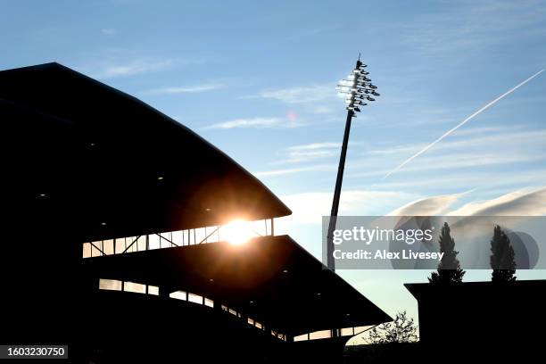 The sun sets behind Racecourse Ground prior to the Carabao Cup First Round match between Wrexham and Wigan Athletic at Racecourse Ground on August...