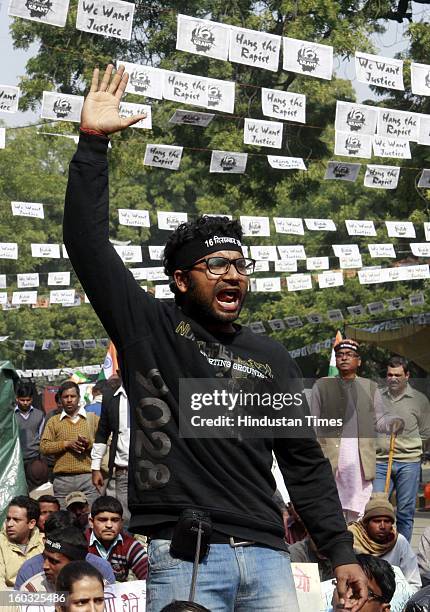 Young protestor shout slogans demanding the death penalty for six men accused of the fatal gang rape of a young woman last month during protest at...