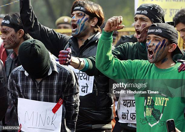 Mock hangmen's nooses hang during a protest demanding the death penalty for six men accused of the fatal gang rape of a young woman at Jantar Mantar...